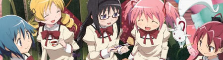 a screen from the anime madoka magica : all the girls are laughing and sharing cake